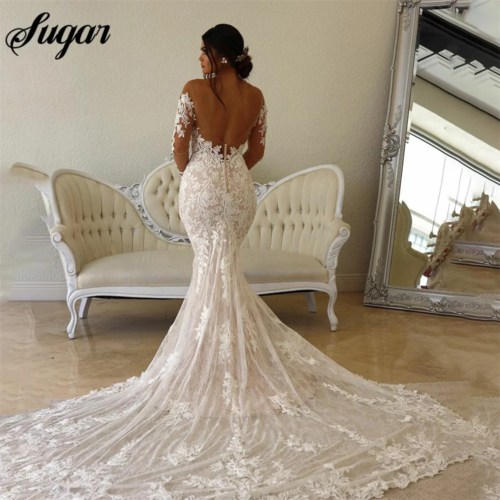 Top Trends: Boho Lace Wedding Dress Mermaid Illusion Bodice Vestido De Noiva Long Sleeve Sheer Neck Appliques Bridal Gowns Robe De Mariée Shoppable Styles