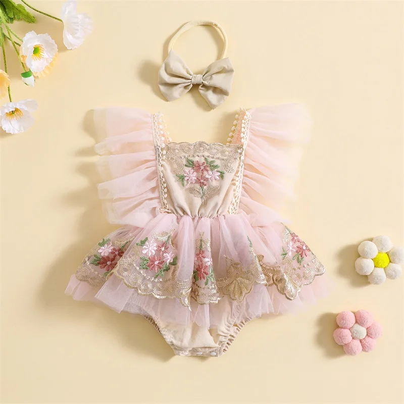 Top Trends: Listenwind 2023 Newborn Girl Outfit Pink Embroidery Flower Fly Sleeve Romper With Bowknot Hairband Summer Casual Clothes Shoppable Styles