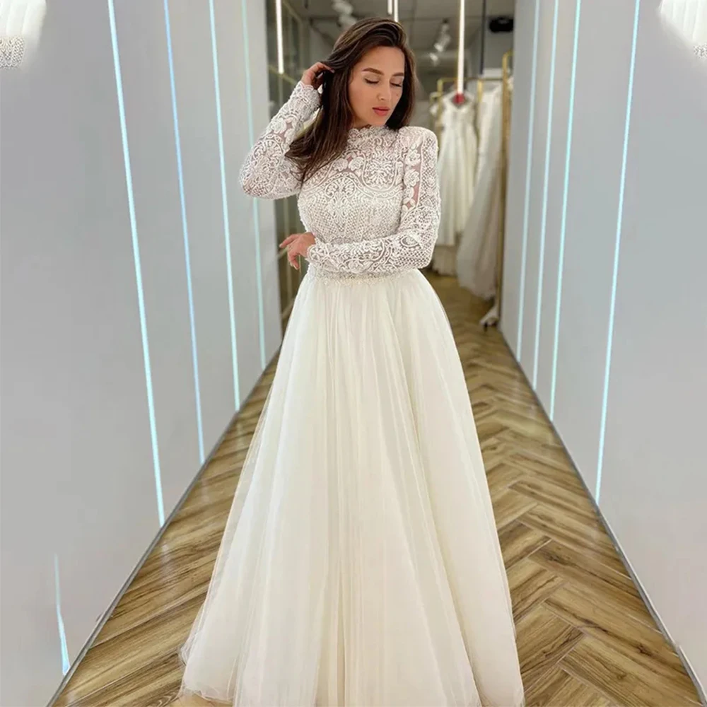 Top Trends: Boho Romantic Wedding Dresses Mermaid High Neck Long Sleeves Exquisite Lace Appliques Princess Style Beach Mopping Bride Gowns Shoppable Styles