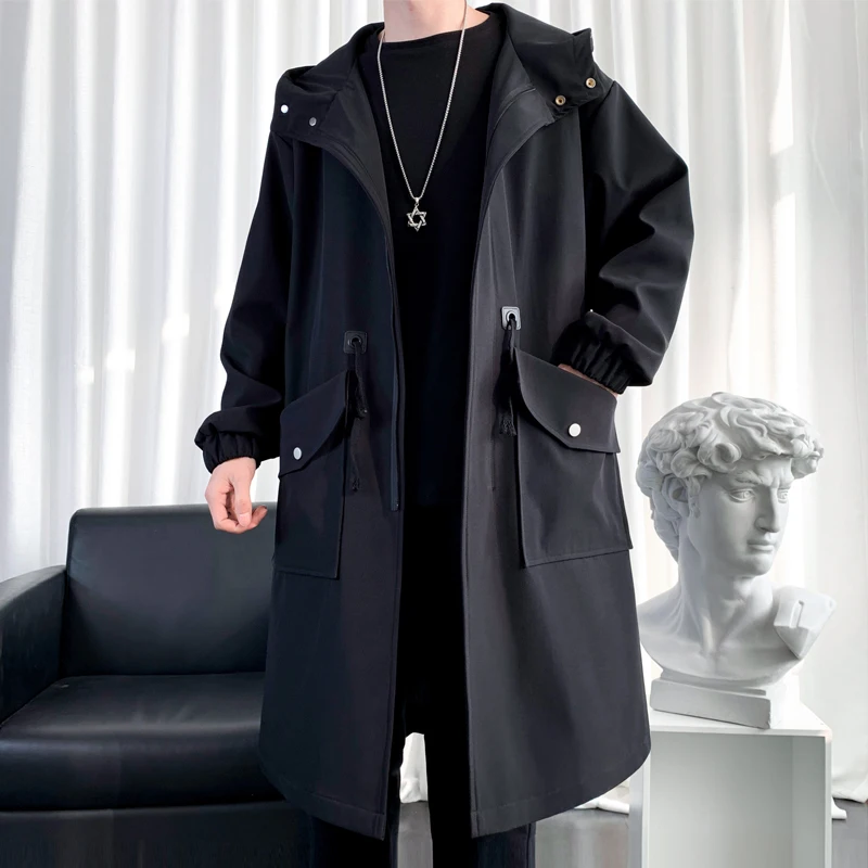 Top Trends: Long Trench Coat Jacket Men Cotton Autumn Spring Black Hip Hop Japanese Coats Streetwear Men's Hooded Army Green Casual Jackets Shoppable Styles - Image 2