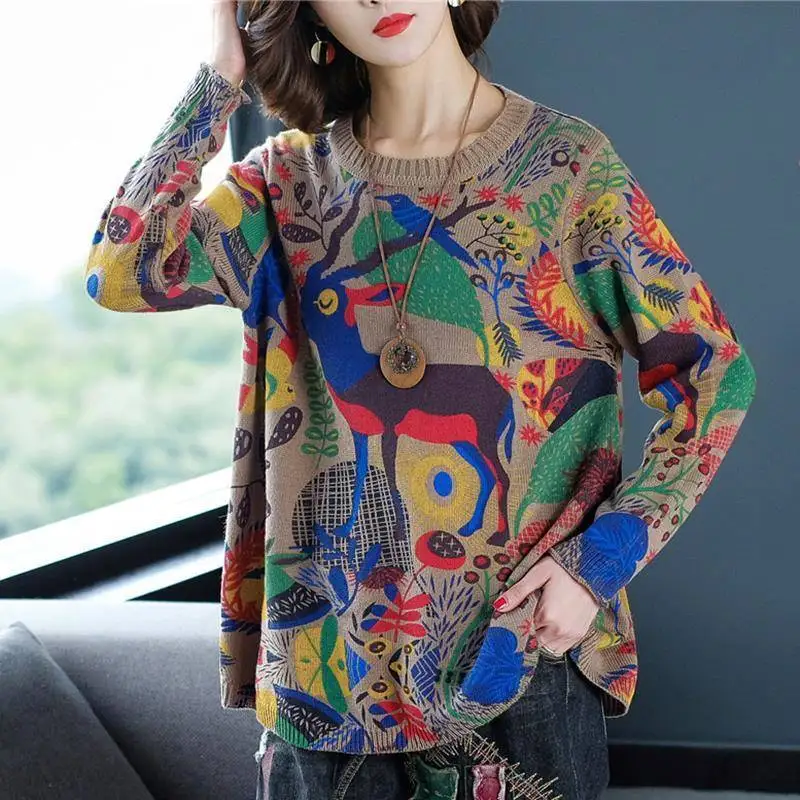 Top Trends: Vintage Printed O-Neck Loose All-match Sweaters Women's Clothing 2023 Autumn Winter Oversized Office Lady Pullovers Casual Tops Shoppable Styles - Image 2