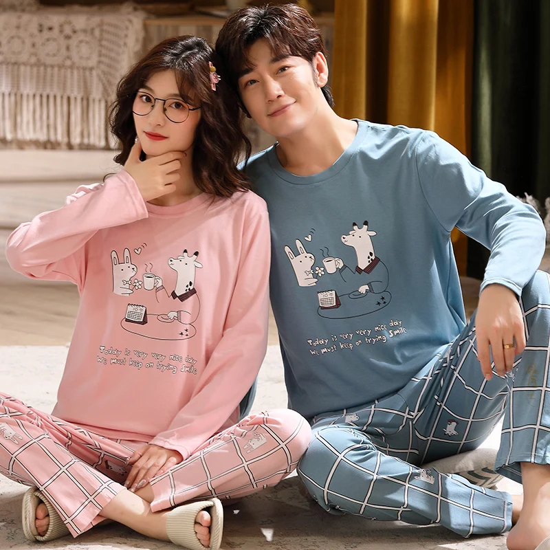 Top Trends: Couples Cotton Sleepwear Spring Long Sleeping Tops Pant Pajamas Set Men Home Clothes Women Nightwear Pjs Loungewear Hombre Shoppable Styles