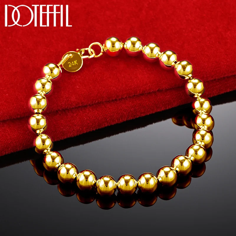 Top Trends: DOTEFFIL 925 Sterling Silver 24K Gold 8mm / 10mm Hollow Circle Ball Beads Silver Beaded 20cm Bracelet Woman Charm Fashion Jewelry Shoppable Styles - Image 5