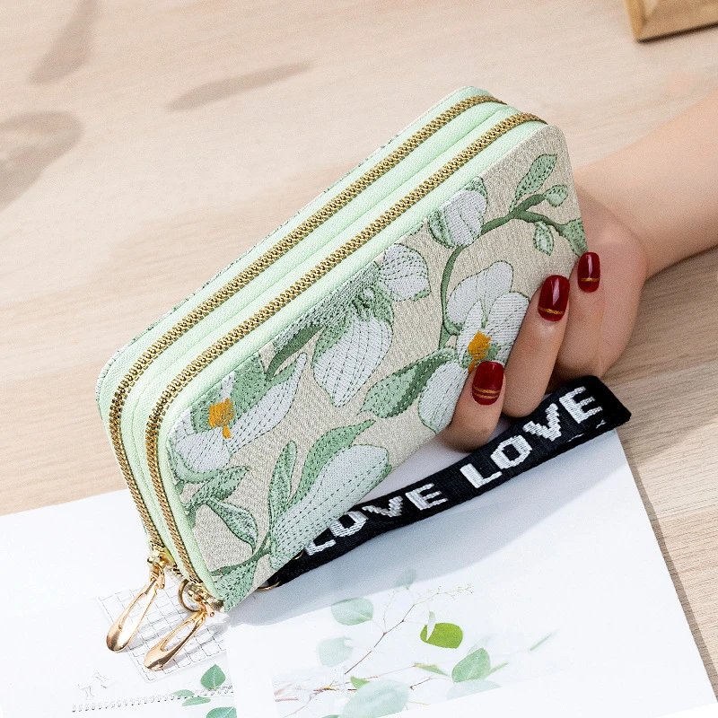 Top Trends: Double Zipper Long Wallet For Women Fashion Flower Embroidery Coin Purses Card Holder Female PU Leather Clutch Phone Money Bag Shoppable Styles