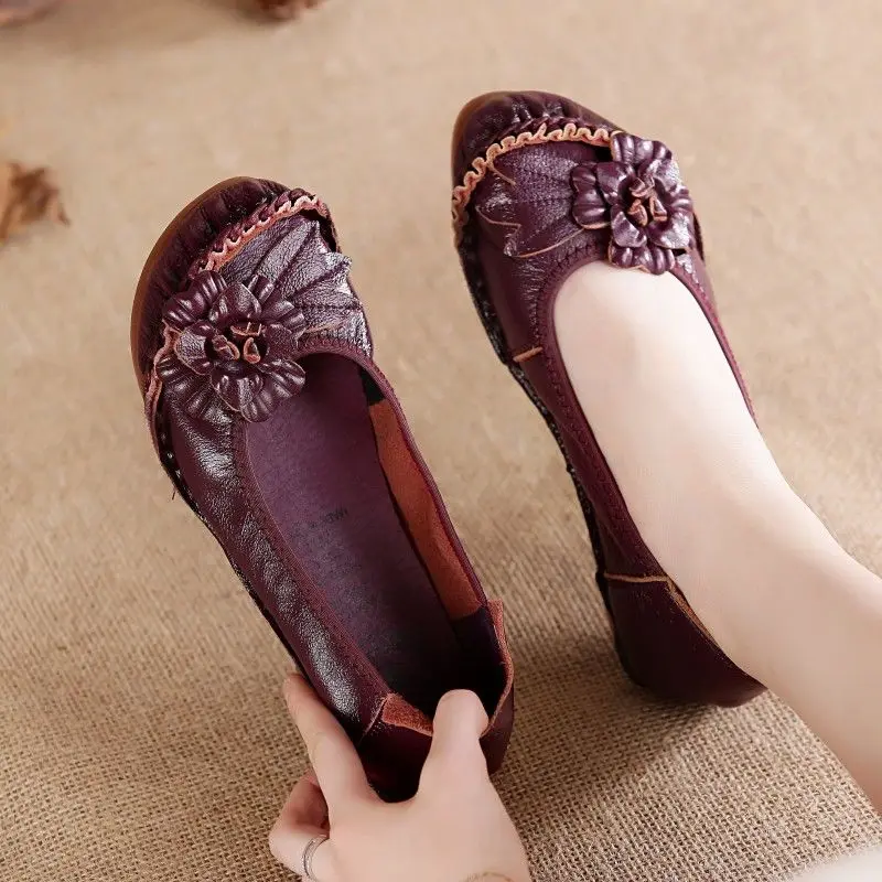 Top Trends: Vintage Flower Moccasins Woman Genuine Leather Flats Ladies Summer Slip Ons Women&#039;s Luxury Loafers Purple Walking Shoes Hollowed Shoppable Styles