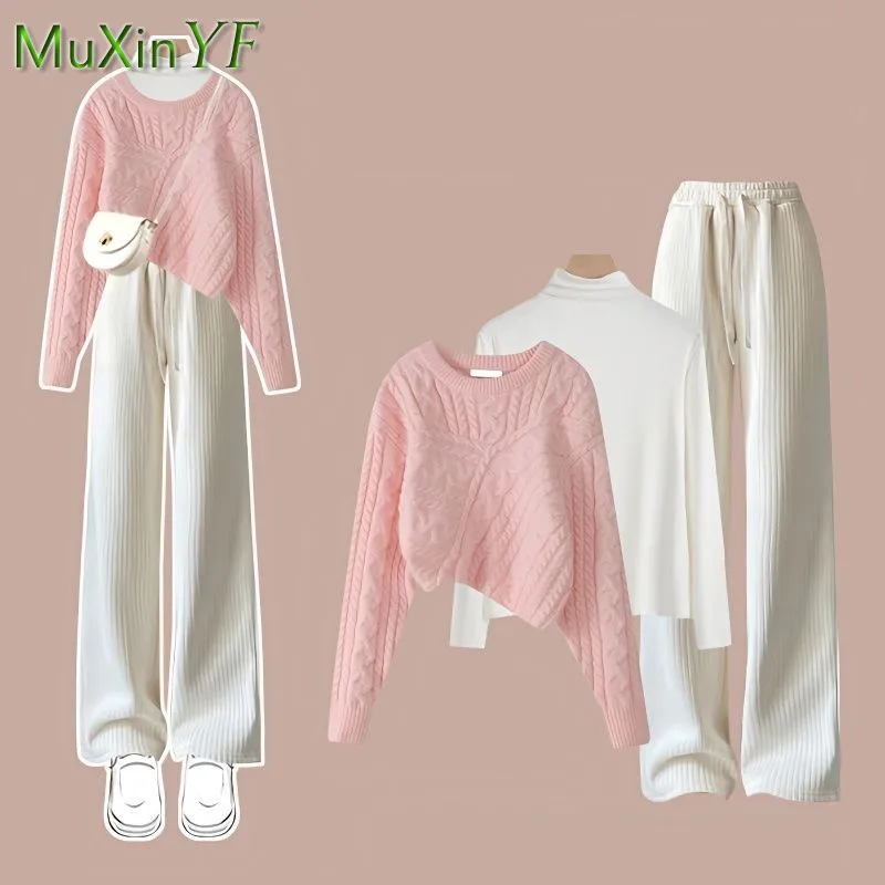 Top Trends: Women's Autumn Winter Suit 2023 New Fashion Knitted Sweater Undershirt Casual Pants 3 Piece Korean Elegant Trousers Matching Set Shoppable Styles