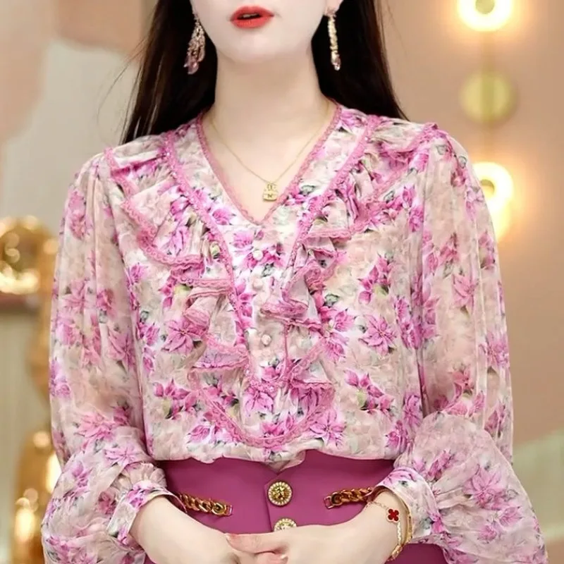 Top Trends: Spring And Autumn Women&#039;s Pullover Button Broken Flower V-neck Lantern Sleeve Loose Fashion Casual Elegant Long Sleeve Shirt Shoppable Styles