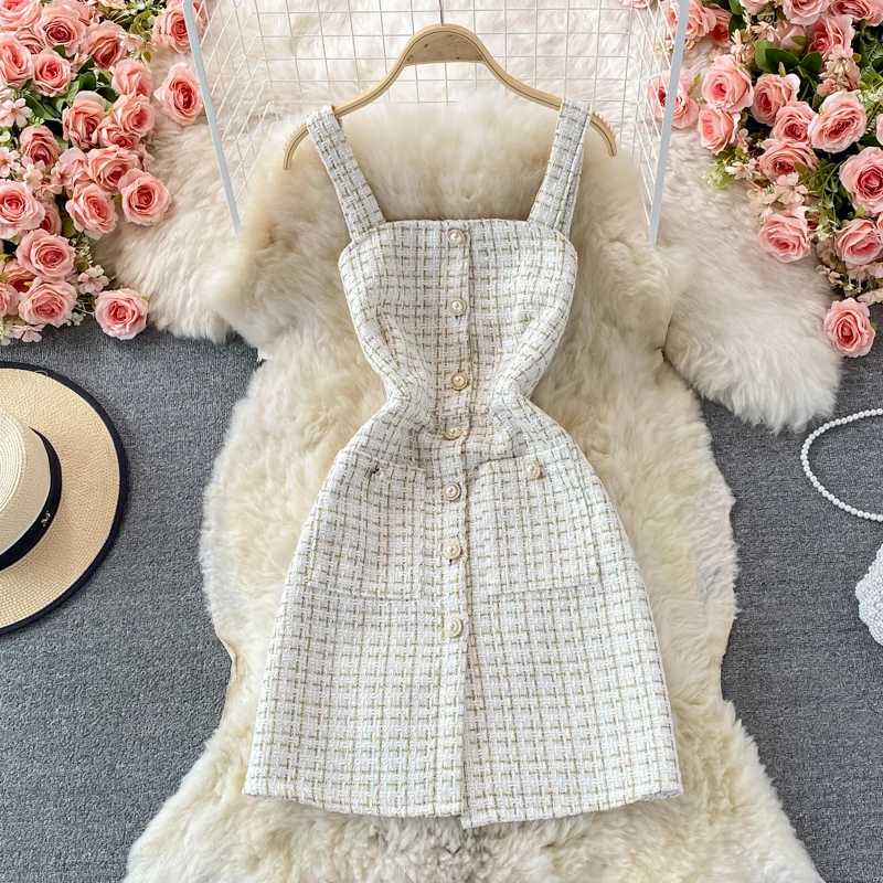 Top Trends: Vintage Tweed Dress Women Summer Autumn Single-breasted Spaghetti Strap Plaid Dress Party Mini Dress Vestidos Shoppable Styles