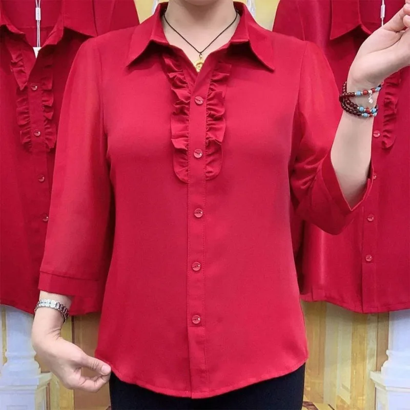 Top Trends: Fashion Female Ruffles Spliced Button Shirt 2022 Summer Women&#039;s Clothing Casual Commute Solid Color Polo-Neck 3 / 4 Sleeve Blouse Shoppable Styles