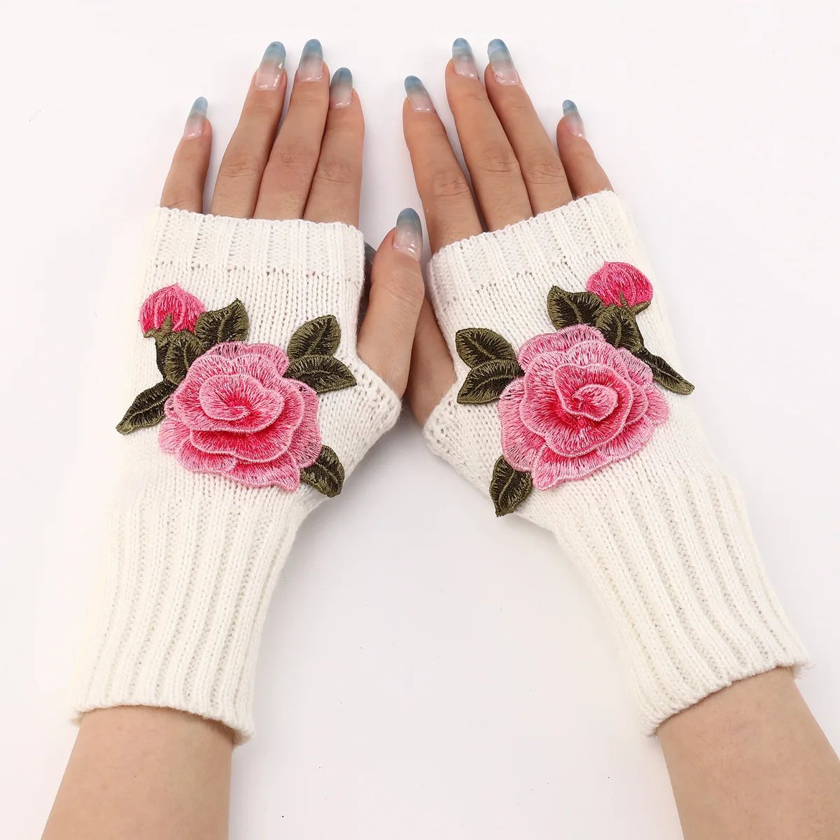 Top Trends: 2024 New Autumn Winter Women's Short Fashion Embroidered Flower Gloves Knitted Wool Sleeves Warm Mittens Fingerless Gloves Women Shoppable Styles