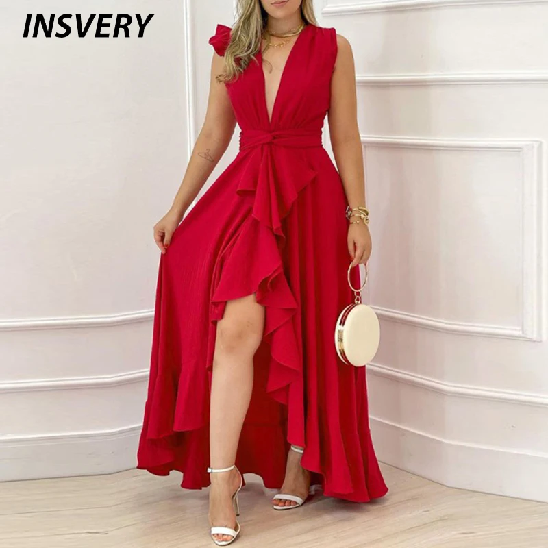 Top Trends: Women Elegant Red Party Dress 2022 V Neck Sleeveless Ruffle Design Split Up Maxi Prom Dress Women Long Dresses For Women Shoppable Styles