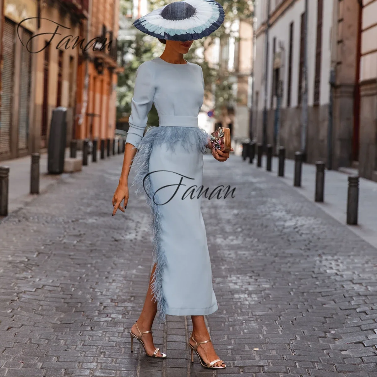 Top Trends: Light Blue Sheath Midi Mother Of The Bride Dresses With Feather Three Quarters Sleeve Vestido Madrina Boda Talla Grande Custom Shoppable Styles