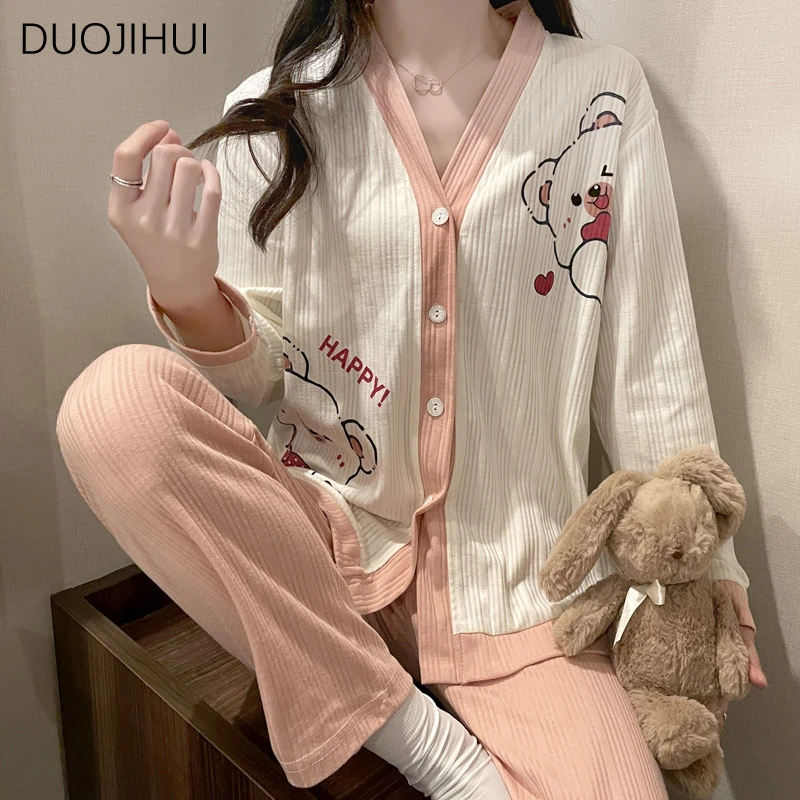 Top Trends: DUOJIHUI Sweet Two Piece Contrast Color Loose Female Pajamas Set New V-neck Cardigan Simple Pant Casual Home Pajamas For Women Shoppable Styles