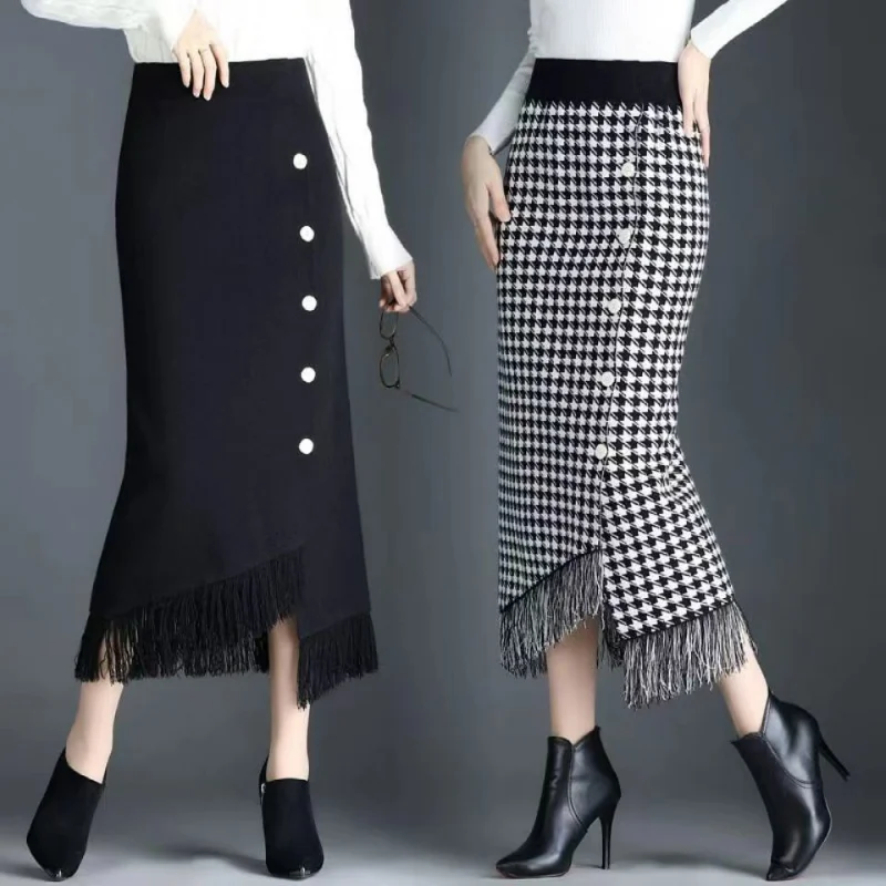 Top Trends: New Qianniao Plaid High Waist Tassel Thickened Versatile Slim Wrapped Hip Skirt Solid Button Asymmetric Straight Knitted Skirt Shoppable Styles