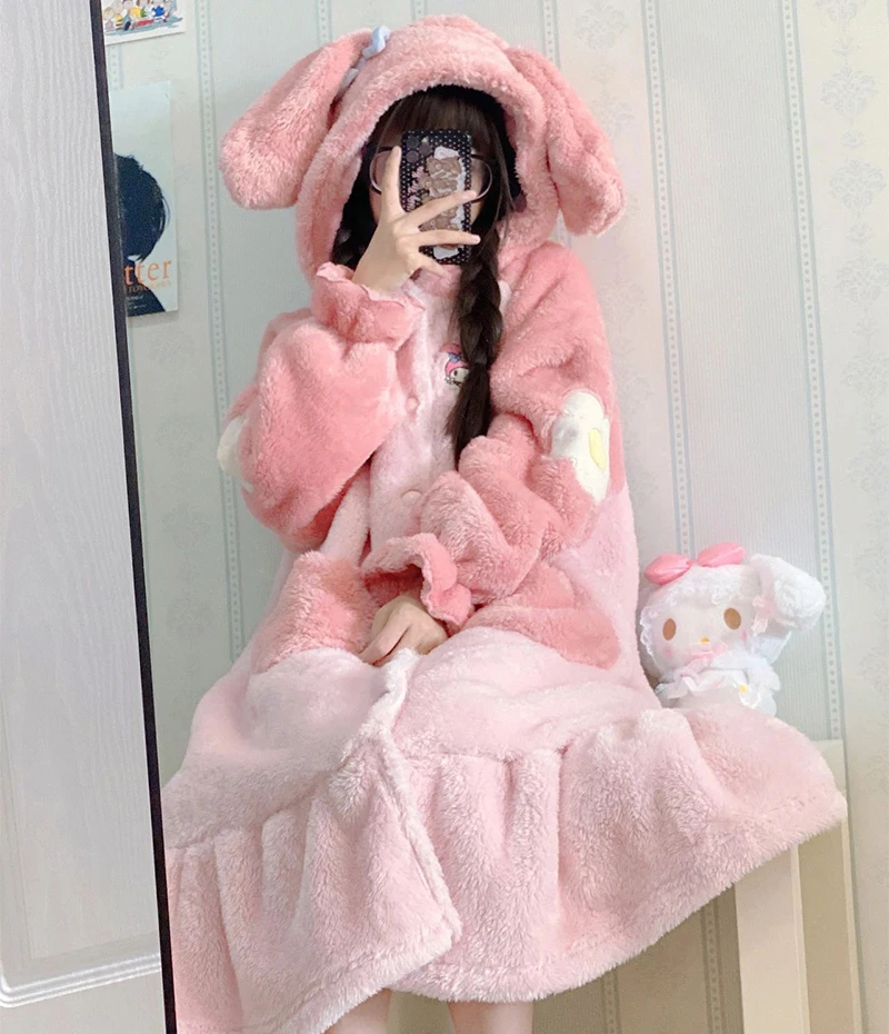 Top Trends: Sweet Hooded Princess Pajamas Women Winter Coral Velvet Thick Cute Bathrobe Nightdress Pink Kawaii Cartoon Nightgown Homewear Shoppable Styles