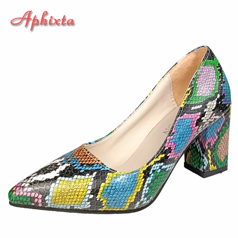 Top Trends: Aphixta 2022 Snake Prints 7cm Square Heels Pumps Women Shoes Crystal Pearl Sunflower Buckle Party Leisure Big Szie 35-46 Shoppable Styles