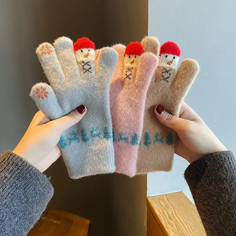 Top Trends: Women‘s Winter Warm Knitted Plush Gloves Cute Snowman Embroidery Touch Screen Full Fingers Gloves Girls Windproof Furry Mittens Shoppable Styles