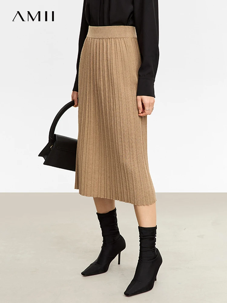 Top Trends: AMII Minimalist Women Skirts 2023 Winter New Warm Commuter Basics Pleated Knitted Loose Mid-length A-Line Solid Skirt 12323177 Shoppable Styles