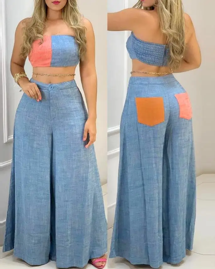 Top Trends: Two Piece Sets Womens Outifits Summer Fashion Colorblock Bandeau Sleeveless Shirring Crop Top &amp; Casual Wide Leg Long Pants Set Shoppable Styles