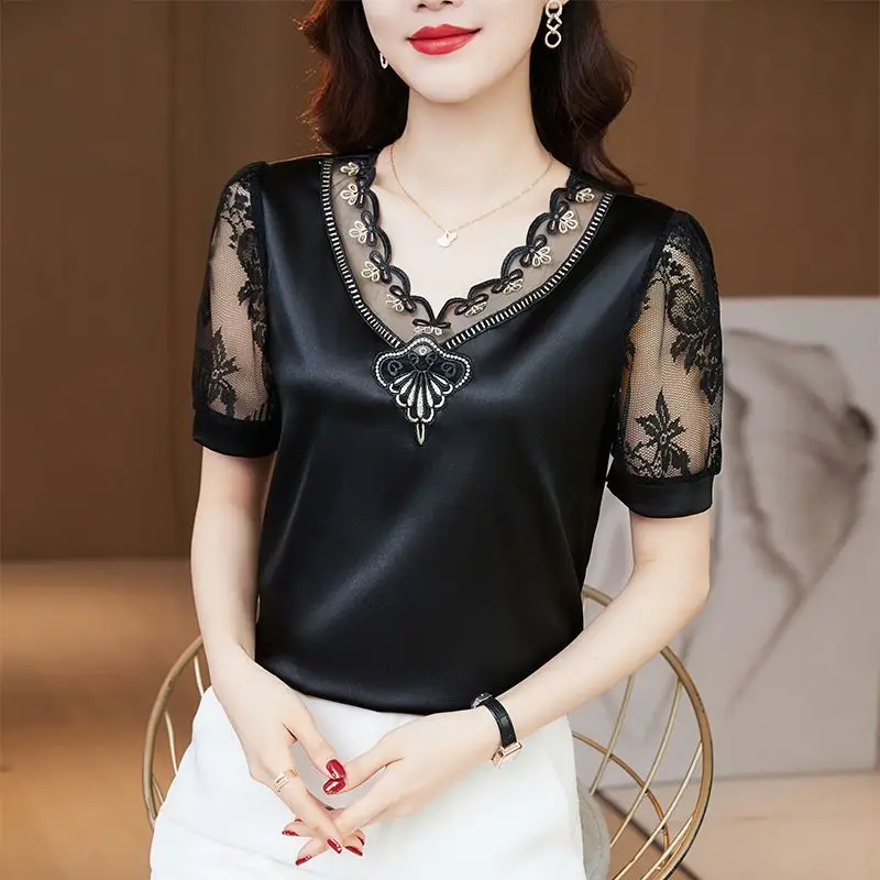 Top Trends: Fashion Lace Patchwork Short Sleeve Shirts Summer New V-neck Solid Color All-match Blouse Tops Office Elegant Women Clothing Shoppable Styles