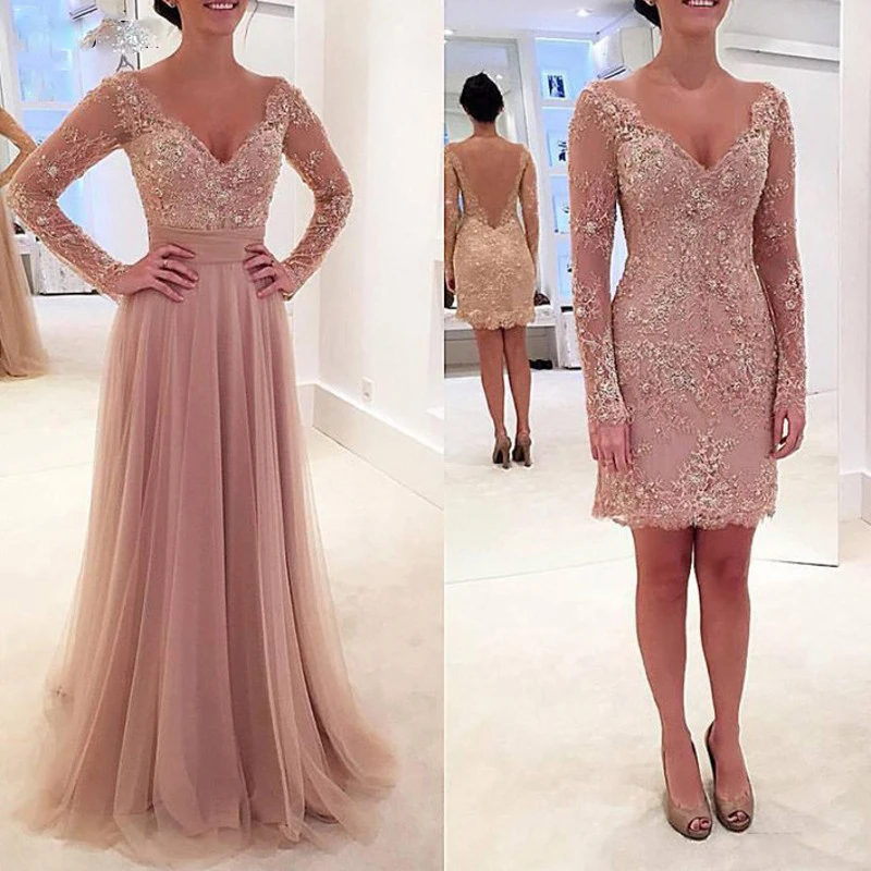 Top Trends: Mother Of The Bride Dresses Formal Wedding Party Gowns 2020 Long Sleeves V-Neck Removable Train Dusty Pink Evening Gowns Shoppable Styles