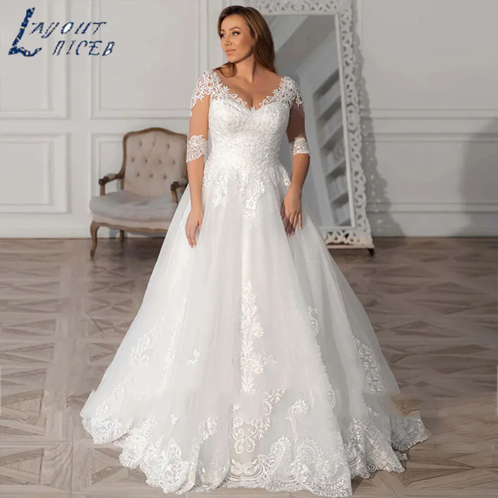 Top Trends: LAYOUT NICEB Simple A-Line Wedding Dresses Plus Size Women V-Neck Bride Gowns Half Sleeves Applique Vestido De Noiva Custom Made Shoppable Styles