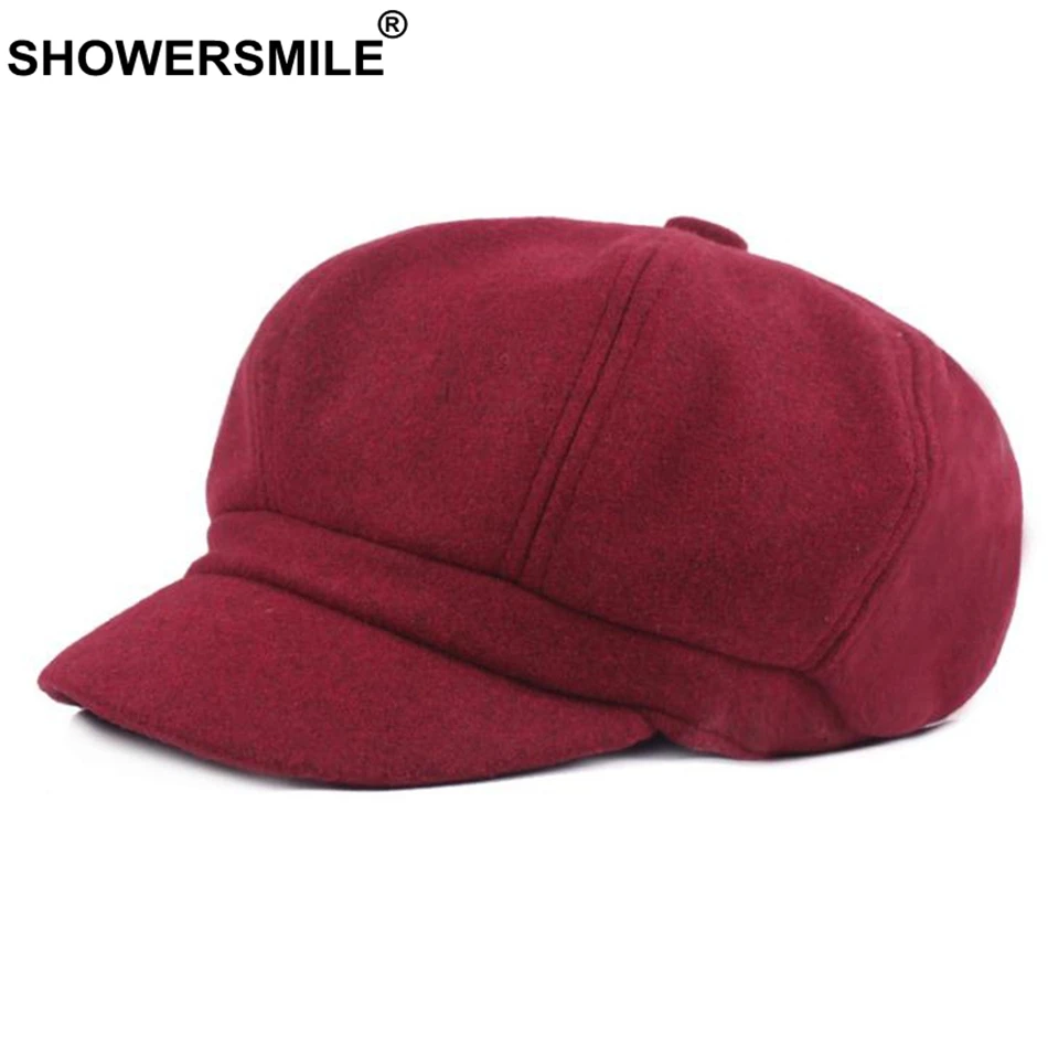 Top Trends: SHOWERSMILE Burgundy Newsboy Caps Women Solid Wool Painters Hat Vintage Female Red British Autumn Winter Octagonal Cap Newsboy Shoppable Styles