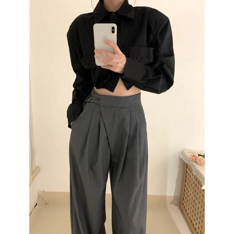 Top Trends: Deeptown Slacks Office Classic Suit Pants For Women Korean Fashion Gray High Waist Palazzo Elegant Vintage Fluid Formal Trousers Shoppable Styles