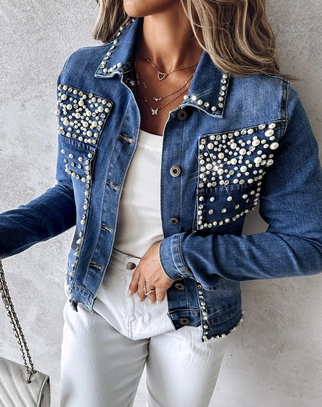 Top Trends: Women's Denim Jacket Autumn Fashion Rhinestone Pearl Decor Casual Plain Turn-Down Collar Long Sleeve Denim Jacket Y2K Streetwear Shoppable Styles