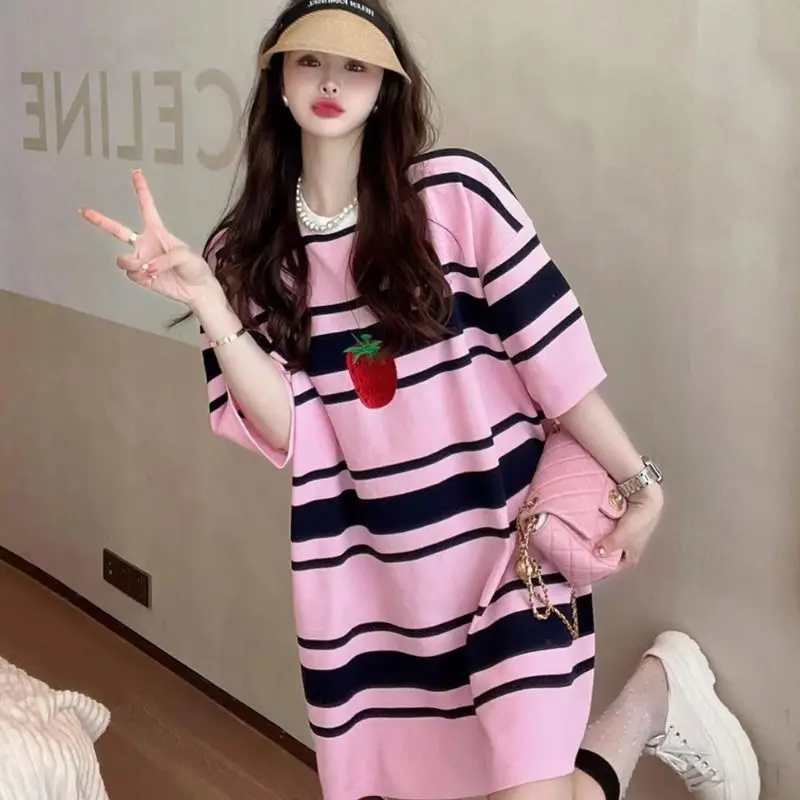 Top Trends: Vintage Contrast Striped T Shirt Tops Summer Round Neck Short Sleeve Loose Printing Pullovers Trend Korean Fashion Women Clothes Shoppable Styles