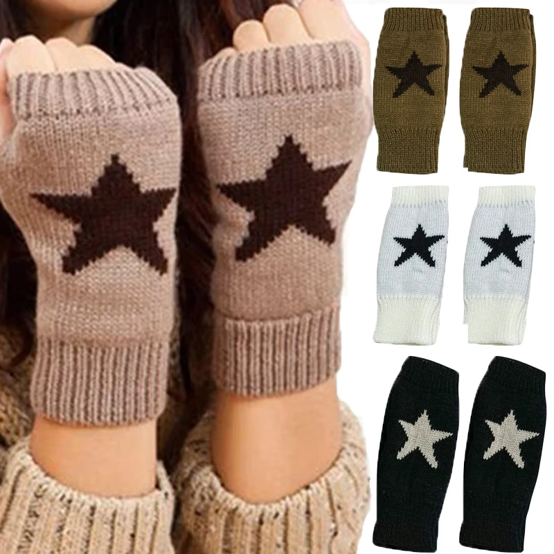 Top Trends: 2023 New Winter Touchscreen Knitted Gloves Women Men's Outdoor Warm Stretch Knit Mittens Star Print Wool Half Finger Fingerless Shoppable Styles