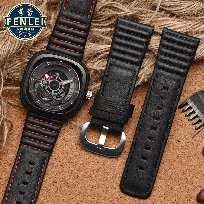 Top Trends: Genuine Leather Watch Strap For Seven Friday Watch Band M2 / Q201 / 02 / 03 P1 Men&#039;s Cowhide Bracelet Accessories Black Red Line 28mm Shoppable Styles