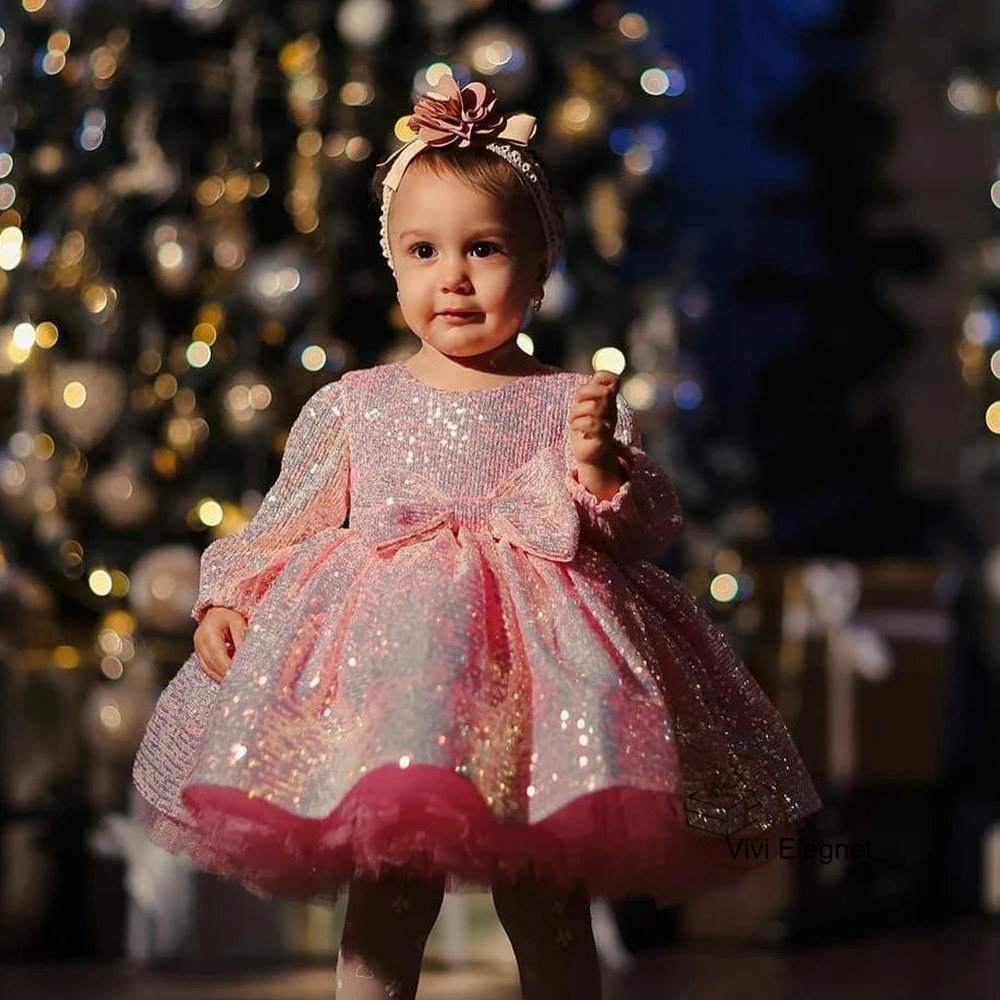 Top Trends: Pink Baby Christmas Dress With Bow Scoop Sequined Flower Girls Dresses Tutu Full Sleeve Wedding Party Dresses فلور فتاة اللباس Shoppable Styles