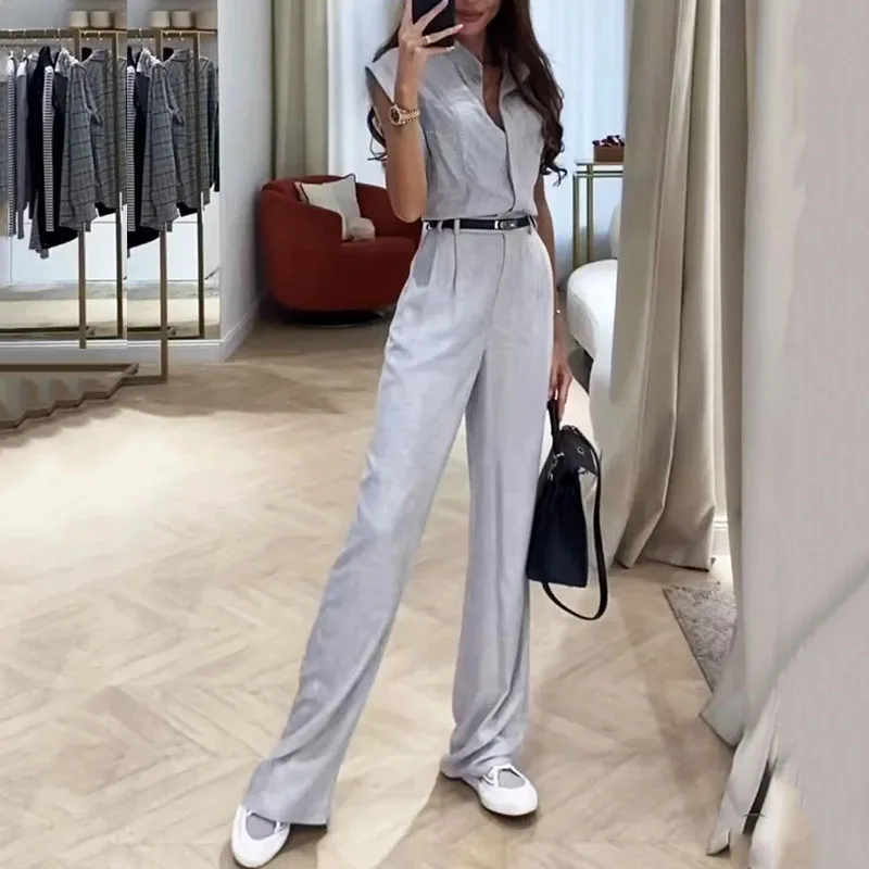 Top Trends: LIYONG Women Two Piece Set Summer Office Fashion Solid V Neck Sleeveless Top Casual Loose With Pockets Pants Sets Streetwear Shoppable Styles