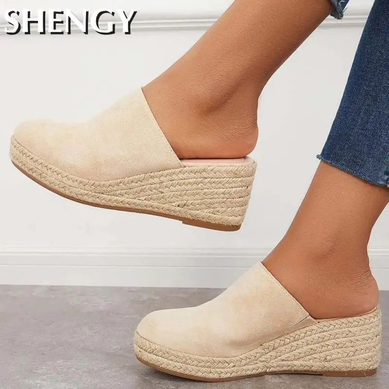 Top Trends: Ladies Mules Wedges Fashion Suede Closed Toe Sandals Slip On Backless Heeled Shoes For Women Summer Casual Beach Sandalias Mujer Shoppable Styles