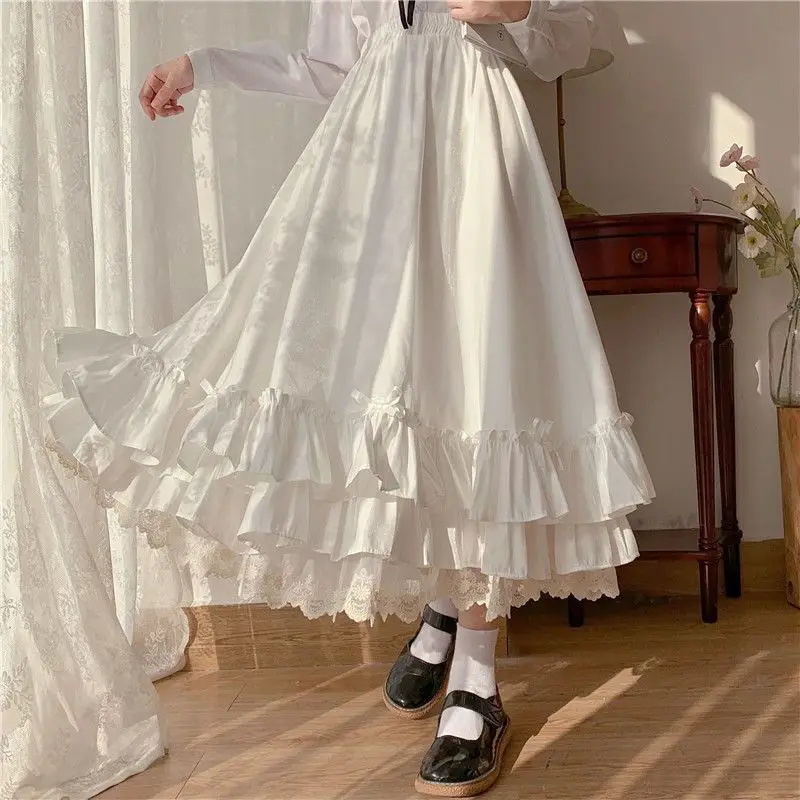 Top Trends: Fashion Japanese Solid Color Double Layer Vintage French Ruffled A-Line Pleated Skirt Hepburn Half Skirt Female White Long Skirt Shoppable Styles