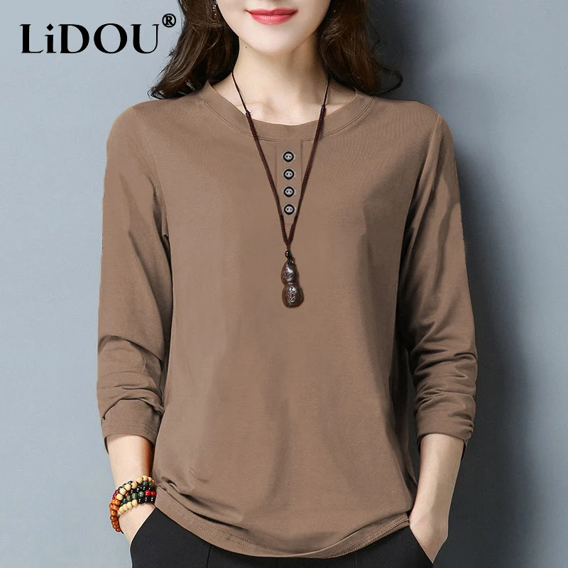 Top Trends: 2023 Spring Autumn New Solid Color Fashion Round Neck Long Sleeve T-shirt Women Casual Loose Button Vintage All-match Pullovers Shoppable Styles