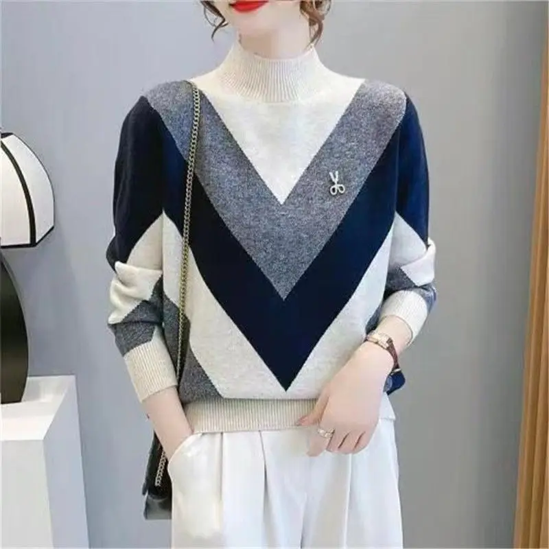 Top Trends: Casual Geometric Patchwork Sweaters Autumn Winter Long Sleeve Commute Female Clothing Casual Half High Collar Knitted Jumpers Shoppable Styles