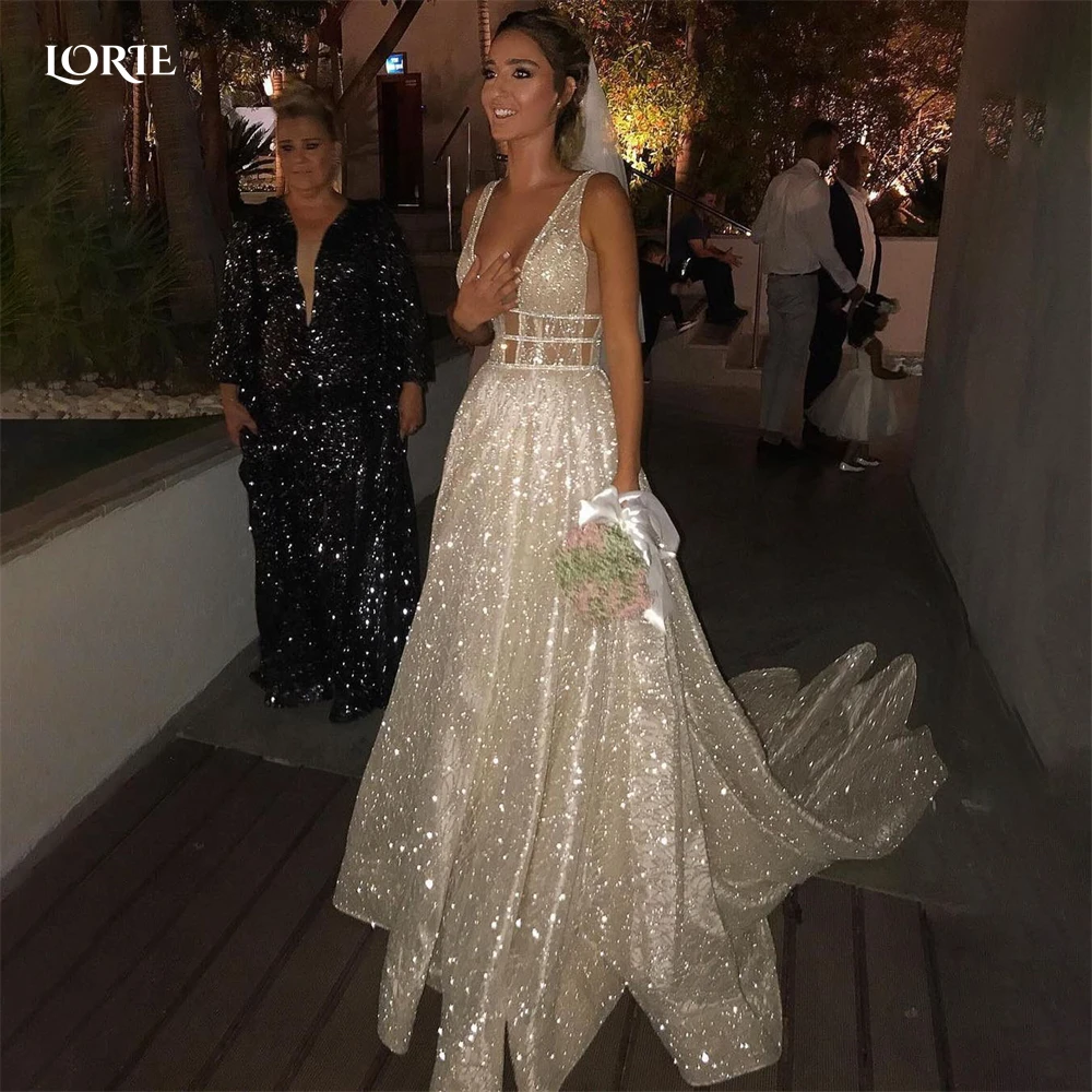 Top Trends: LORIE Spark Bohemia Wedding Dresses Low-Cut V-Neck Glitter Sleeveless Bridal Gowns Shiny A-Line Bride Dress Vestidos De Novia Shoppable Styles