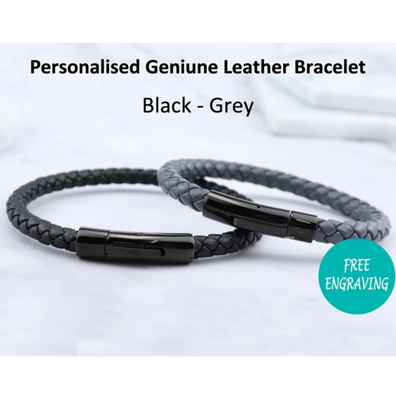 Top Trends: Personalized Custom Engrave Word Stainless Steel Genuine Leather Black Grey Bracelet Braided Rope Magnet Clasp Valentines Bangle Shoppable Styles