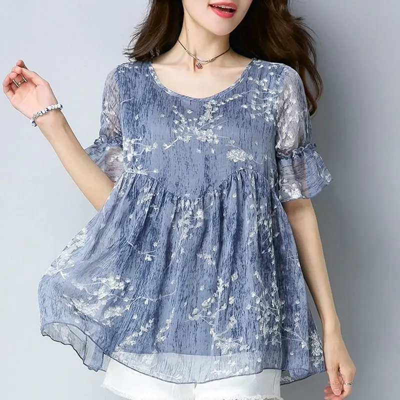 Top Trends: Office Lady Loose O-Neck Shirt Casual Edible Tree Fungus Patchwork Summer Fashion Short Sleeve Korean Floral Printed Blouse 2023 Shoppable Styles