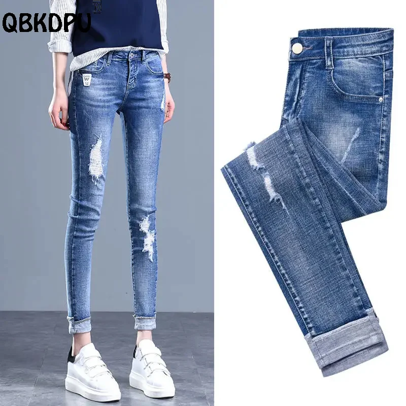 Top Trends: Trendy Ripped Pencil Jeans Women Casual Slim Mid Waist Vaqueros Spring Summer Streetwear Denim Pants Wash Blue Skinny Capris Shoppable Styles