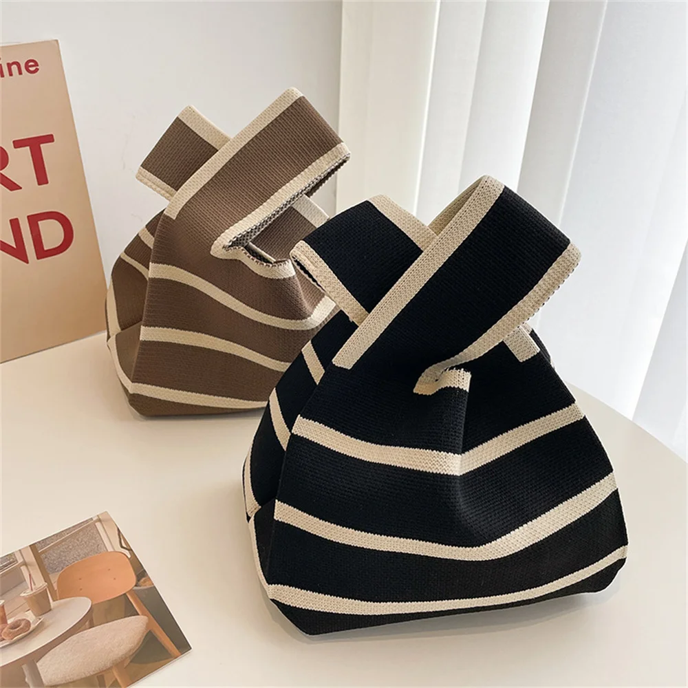 Top Trends: New Wide Striped Handmade Knitted Handbag Minimalist Korean Women Mini Knot Wrist Bag Tote Bag Student Reusable Shopping Bags Shoppable Styles