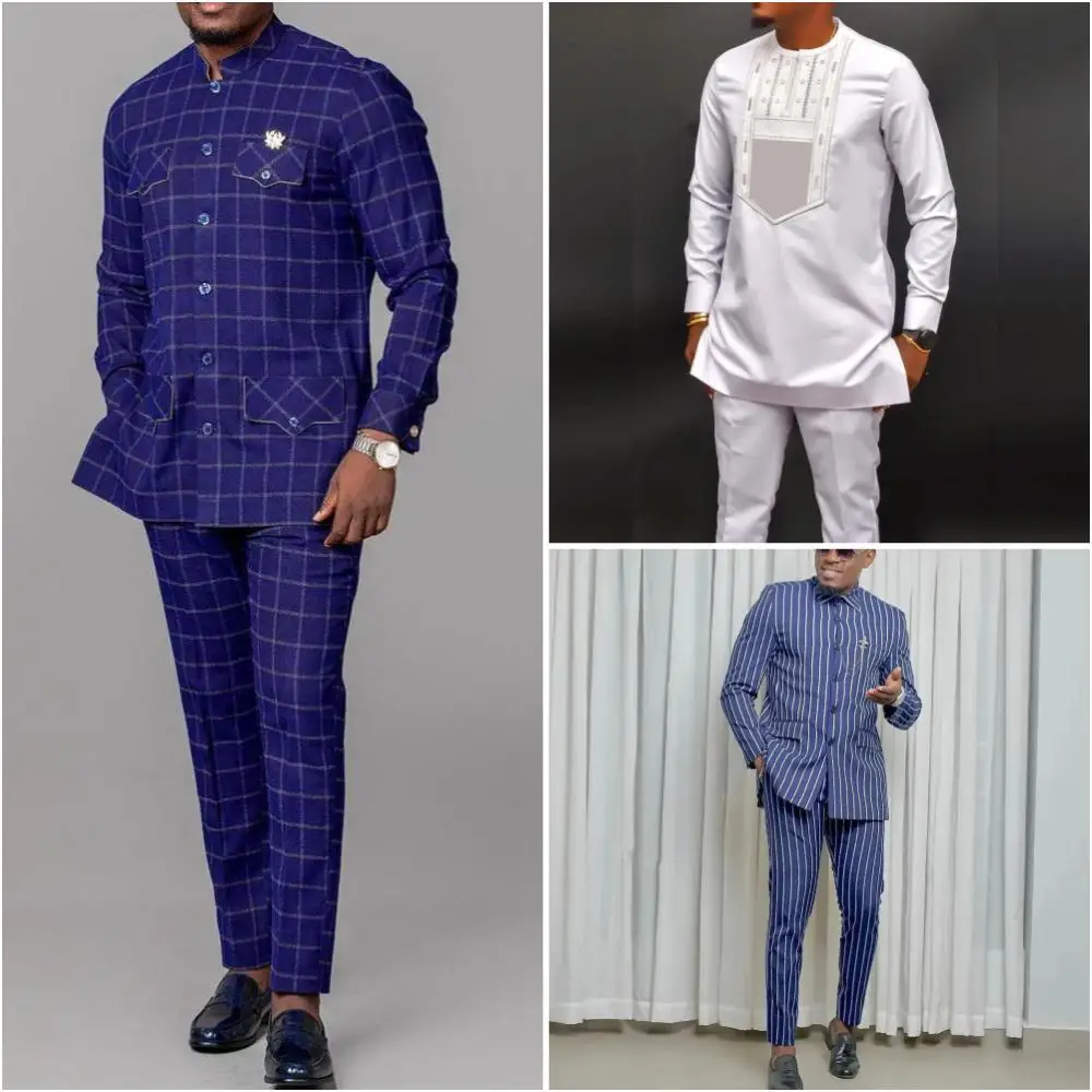 Top Trends: Men Suits For Wedding Stand Collar Plaid Long Sleeve Shirt Pants African Ethnic Business 2Piece Sets Man Clothing Outfits Wear Shoppable Styles