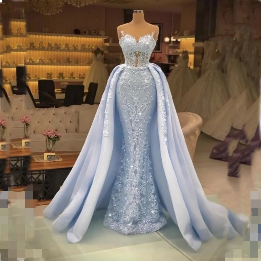 Top Trends: Goegeous Lace Mermaid Evening Dresses Baby Blue Overskirt Beading Formal Celebrity Gowns Sweetheart Neck Designer Marriage Shoppable Styles