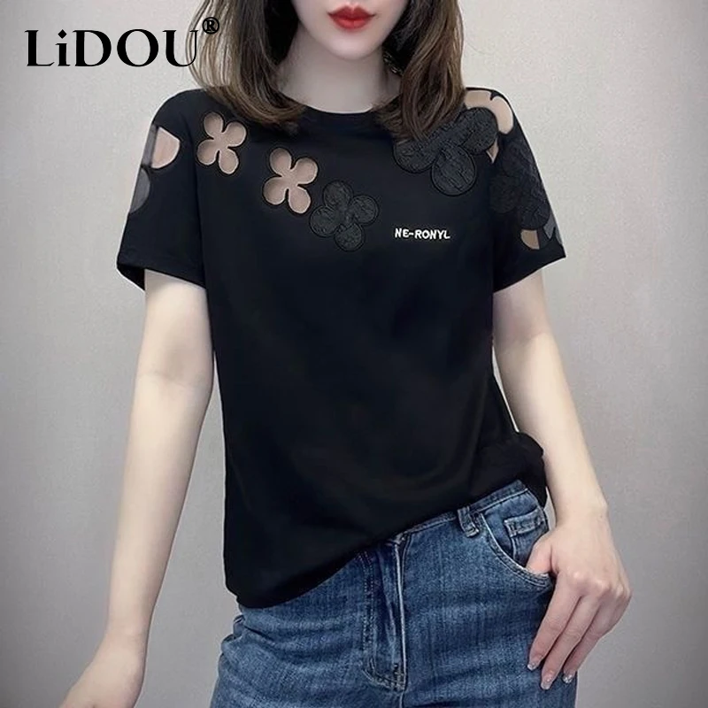 Top Trends: 2023 Summer New Fashion Elegant Loose Casual T-Shirts Women Solid Color Round Neck Short Sleeve Embroidered Hollow Cotton Tees Shoppable Styles