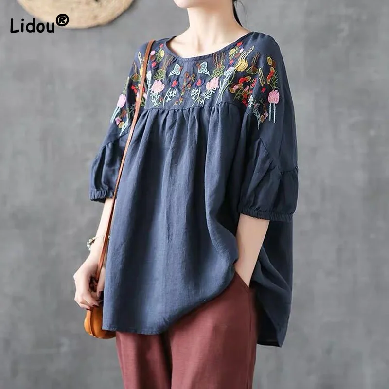 Top Trends: Casual Female Embroidery Spliced Loose Tops Pullovers Summer Vintage Fashion Round Neck Half Sleeve T-shirt Women&#039;s Clothing Shoppable Styles