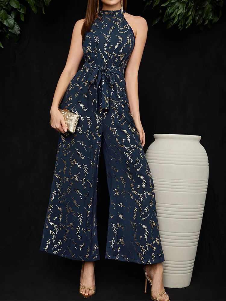 Top Trends: Halter Neck Tie Back Belted Jumpsuit Women Summer High Waist Streetwear Sleeveless Blue Ladies Wide Leg Jumpsuits Shoppable Styles