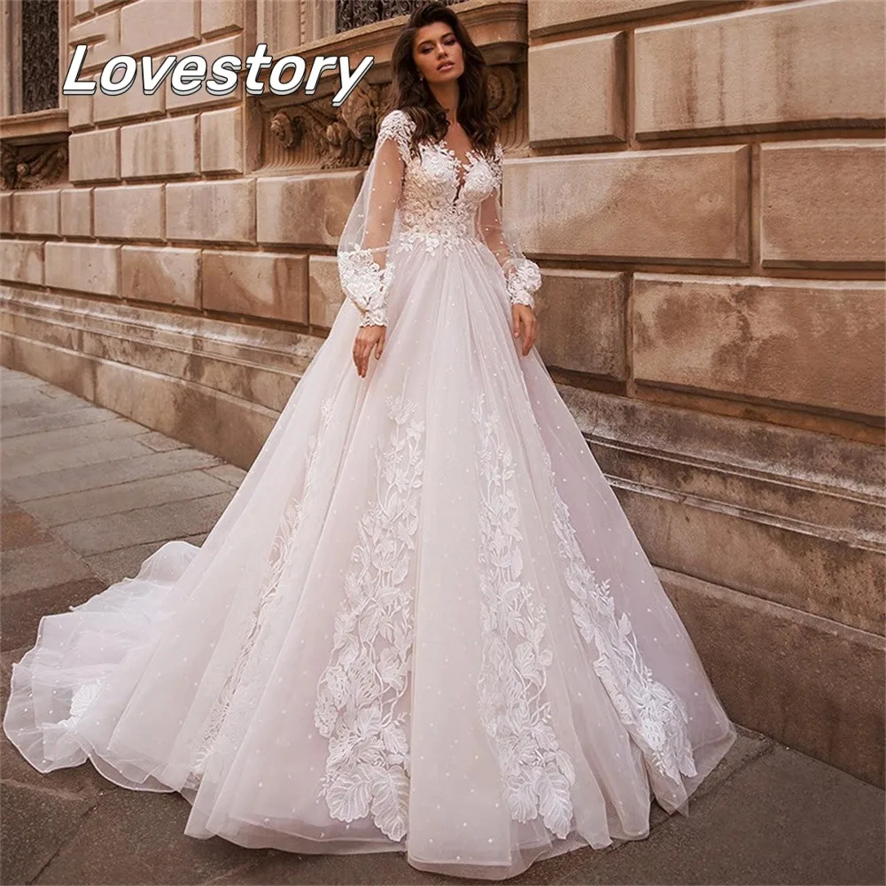 Top Trends: Luxurious Pink Wedding Dresses Backless Ball Gowns Long Puff Sleeves Boho Lace Bridal Gown 3D Flowers Backless Vestidos De Noiva Shoppable Styles