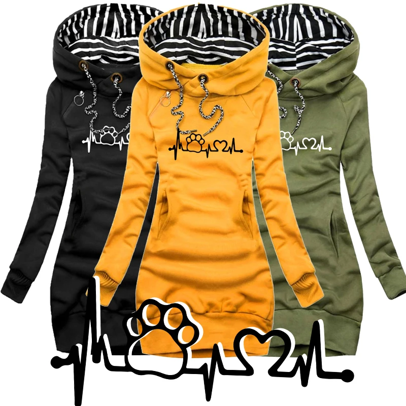 Top Trends: Trending Cat Paw Printed Autumn And Winter Women Fashion Long Hoodie Slim Fit Dress Hoodie Dress Women Long Sleeve Sweater Dress Shoppable Styles